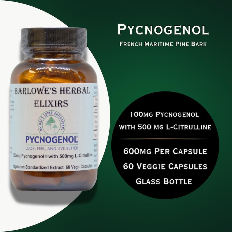May include: A clear glass bottle of Barlowe's Herbal Elixirs Pycnogenol capsules. The label includes text: "100mg Pycnogenol with 500mg L-Citrulline." The bottle contains 60 veggie capsules, with 600mg per capsule. The text "French Maritime Pine Bark" is also visible.