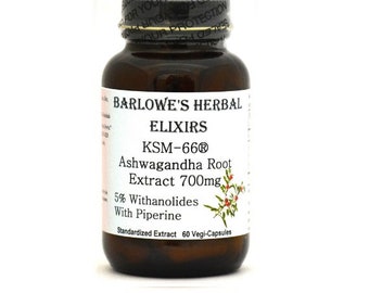 KSM-66 Ashwagandha Extract 5% by HPLC, Organic, Vegi-Caps, Stearate Free, Glass Bottle! Highest Quality & Potency. BarlowesHerbalElixirs