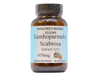 May include: A brown glass bottle with a white label that reads "Barlowe's Herbal Elixirs Xanthoparmelia Scabrosa Extract 12:1 650mg Vegetarian Ratio Extract 60 Vegi-Capsules".