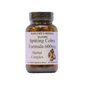 May include: A brown glass bottle with a white label that reads "Barlowe's Herbal Elixirs Spitting Cobra Formula 600mg Herbal Complex Pure Herbal Vegetarian Blend 60 Vegi-Capsules". The label also features a drawing of a cobra.