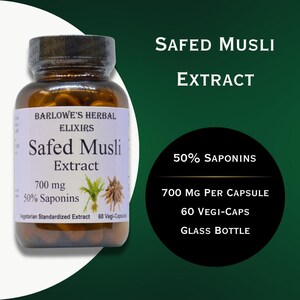 May include: A glass bottle of Safed Musli Extract, a herbal elixir by Barlowes' Herbal Elixirs. The bottle is brown and has a white label with the product name and details. The label states that the extract contains 700 mg per capsule and 50% saponins. The bottle is sitting on a green background.
