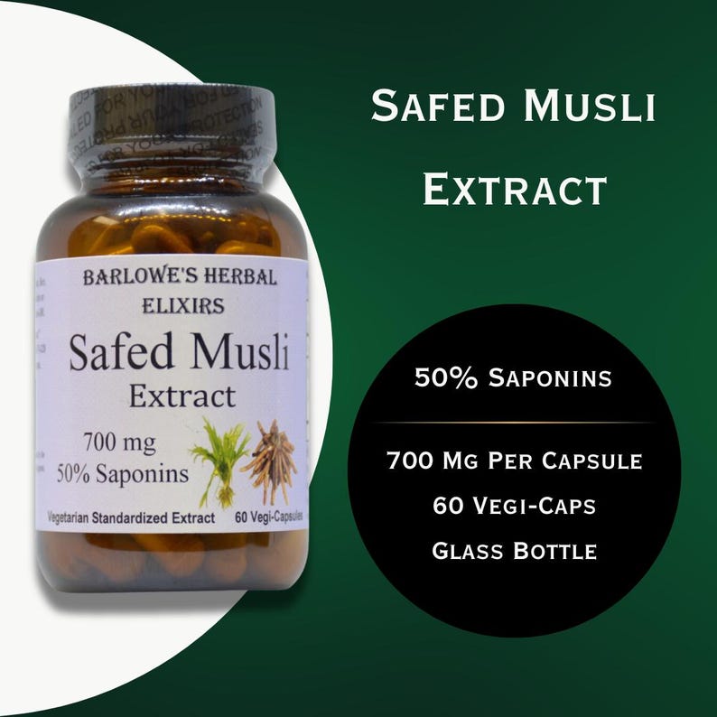 May include: A glass bottle of Safed Musli Extract, a herbal elixir by Barlowes' Herbal Elixirs. The bottle is brown and has a white label with the product name and details. The label states that the extract contains 700 mg per capsule and 50% saponins. The bottle is sitting on a green background.