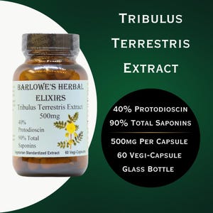 Pode incluir: Uma garrafa de vidro de extrato de Tribulus Terrestris de Elixires Herbais Barlow, com um r&oacute;tulo castanho e uma ilustra&ccedil;&atilde;o de planta verde. A garrafa cont&eacute;m 60 c&aacute;psulas e &eacute; de 500 mg por c&aacute;psula. O r&oacute;tulo indica 40% de Protodioscina e 90% de saponinas totais.