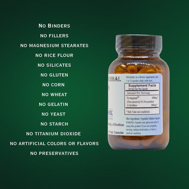 May include: A clear bottle of herbal supplement capsules with a brown cap. The label includes supplement facts and ingredient information. Text on the left side lists ingredients the supplement does not contain.