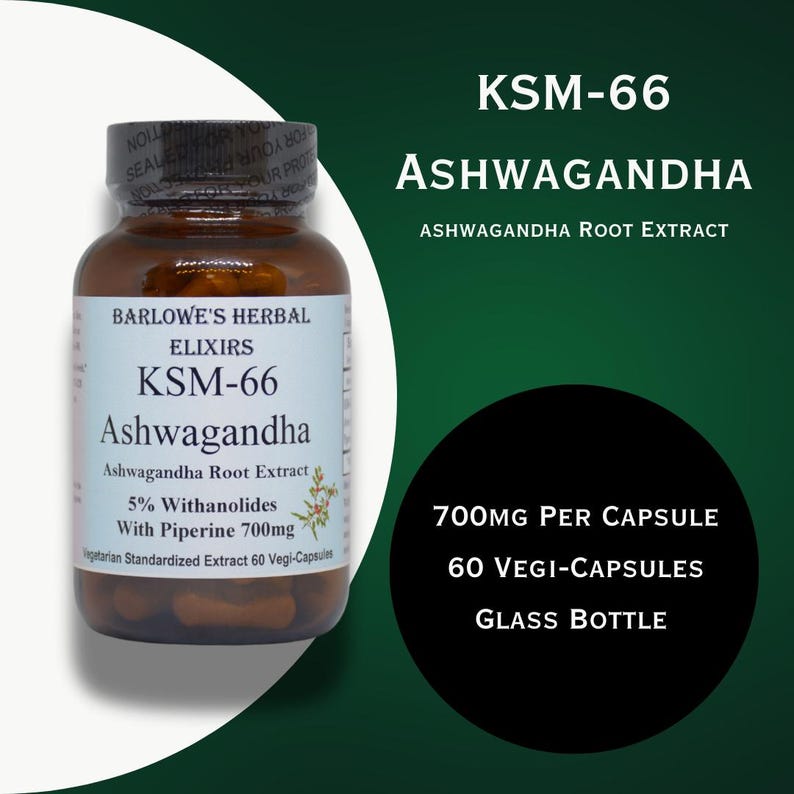 Pu&ograve; includere: Una bottiglia di vetro di integratore alimentare a base di estratto di radice di Ashwagandha KSM-66 con 700 mg per capsula. La bottiglia &egrave; etichettata con il nome del marchio "Barlowe's Herbal Elixirs" e contiene 60 capsule vegetariane.