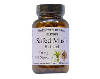 May include: A brown bottle with a white label that reads "Barlowe's Herbal Elixirs Safed Musli Extract 700 mg 50% Saponins Vegetarian Standardized Extract 60 Vegi-Capsules".