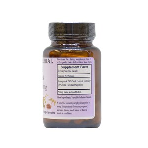 Puede incluir: Una botella de vidrio marr&oacute;n con una etiqueta blanca que dice "Fenugreek 70% Seed Extract 600mg (70% Total Furostanol Saponins)". La etiqueta tambi&eacute;n incluye el texto "Supplement Facts" y "Serving Size One Capsule".