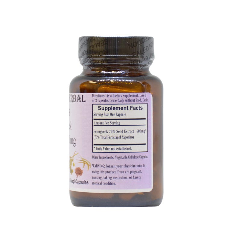 Puede incluir: Una botella de vidrio marr&oacute;n con una etiqueta blanca que dice "Fenugreek 70% Seed Extract 600mg (70% Total Furostanol Saponins)". La etiqueta tambi&eacute;n incluye el texto "Supplement Facts" y "Serving Size One Capsule".