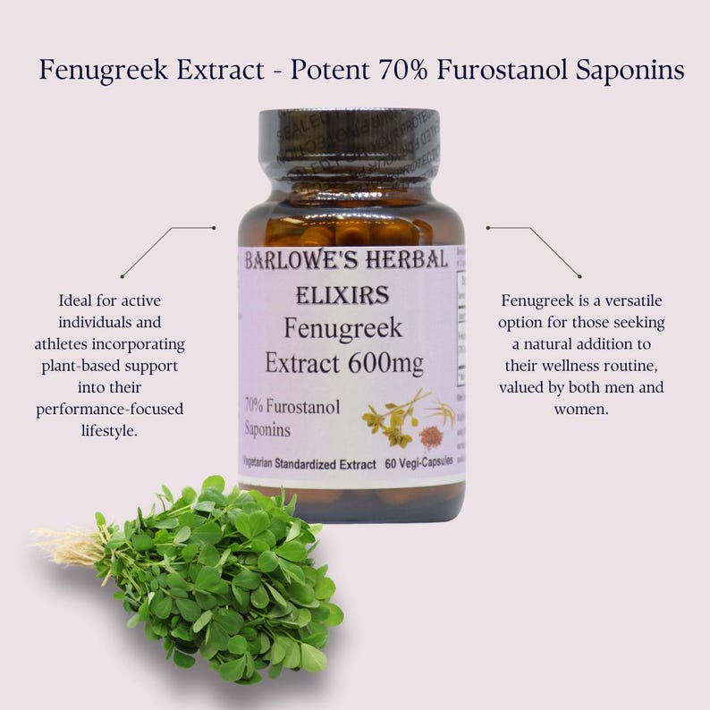 Puede incluir: Una botella marr&oacute;n con una etiqueta blanca que dice "Barlowe's Herbal Elixirs Fenugreek Extract 600mg 70% Furostanol Saponins Vegetarian Standardized Extract 60 Vegi-Capsules". La botella est&aacute; rodeada de hojas verdes de alholva.