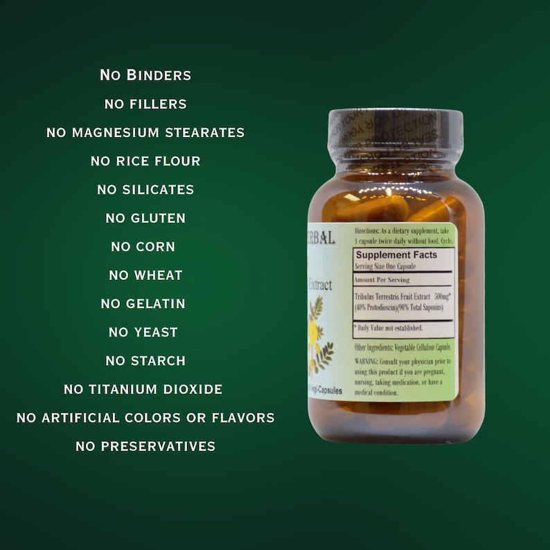 Pode incluir: Uma garrafa de vidro castanho com um r&oacute;tulo branco que diz "Herbal Extract" e lista os factos do suplemento. A garrafa cont&eacute;m c&aacute;psulas e &eacute; etiquetada com "Sem aglutinantes, sem enchimentos, sem estearatos de magn&eacute;sio, sem farinha de arroz, sem silicatos, sem gl&uacute;ten, sem milho, sem trigo, sem gelatina, sem levedura, sem amido, sem di&oacute;xido de tit&acirc;nio, sem cores ou sabores artificiais, sem conservantes."