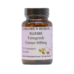 Puede incluir: Una botella de vidrio marr&oacute;n con una etiqueta blanca que dice "Barlowe's Herbal Elixirs Fenugreek Extract 600mg 70% Furostanol Saponins Vegetarian Standardized Extract 60 Vegi-Capsules".