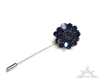 Beadwoven dark blue silver flower pin brooch with Swarovski crystal; unique handmade, original, handmade jewelry, handmade gift, romantic