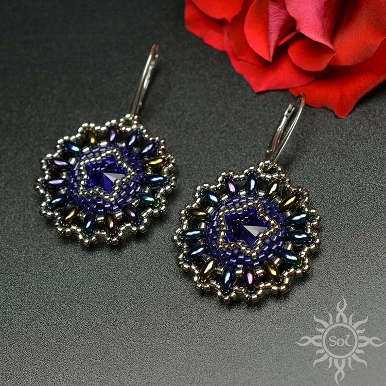 REALTACH beadwoven midnight blue old silver mandala earrings with swarovski crystals cosmos, galaxy, space, star, romantic, handcrafted image 2