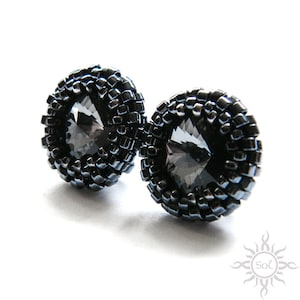 SILVER NIGHT - graphite hematite stud beaded earrings with toho and miyuki seeds and Swarovski crystals on sterling silver posts