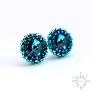 BERMUDA BLUE - blue stud beaded earrings with toho and miyuki seeds and Swarovski crystals on sterling silver posts;unique, handmade jewelry