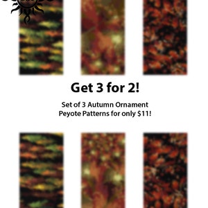 May include: Set of three autumn-themed peyote stitch ornament patterns. The patterns feature a variety of colors, including red, orange, yellow, green, and brown. The patterns are available for $11.