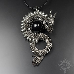 AVNESS - old silver black dragon pendant with toho seeds and black onyx; unique gift, original, handmade jewelry, fantasy