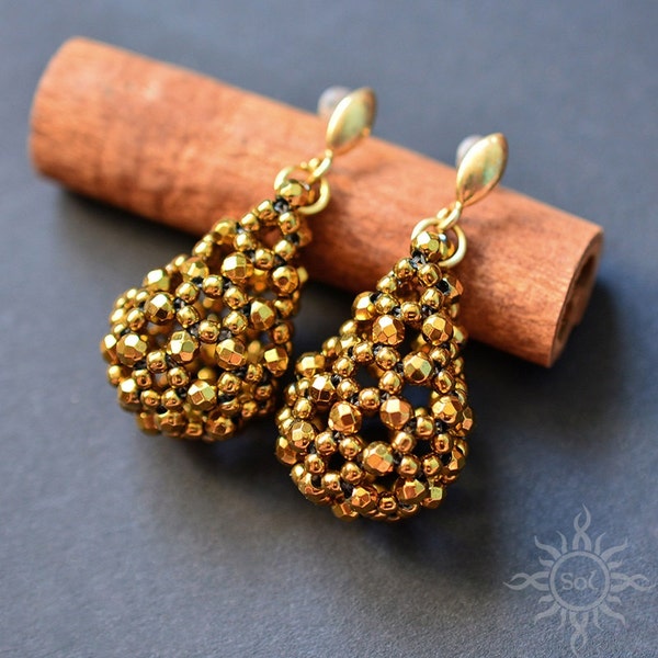 Filigree old gold beadwoven earrings with natural hematite on gold plated sterling silver; unique handmade, original, handmade jewelry