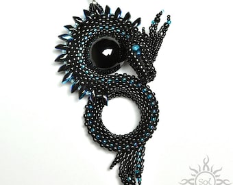 DERVEN I - black blue dragon pendant with toho and miyuki seeds and black onyx; unique gift, original, handmade jewelry, fantasy