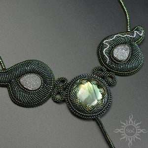 DRUID JEWEL green elvish embroidered necklace with labradorite, aura quartz and hematite beadwork unique OOAK free shipping image 5