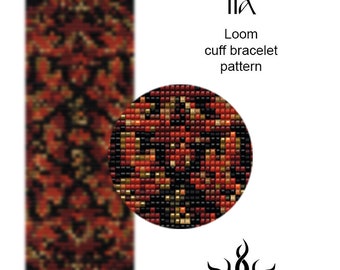 Autumn Ornament IIa- loom cuff beaded bracelet pattern; tutorial, pdf file, autumn jewelry, fall, fractal, baroque, black, floral, 13 colors