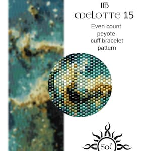 May include: A beading pattern for a cuff bracelet featuring a colorful image of the Heart Nebula. The pattern is called "Heart Nebula IIB Melotte 15" and is an even count peyote stitch. The pattern is designed by Sol.