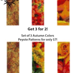 May include: Set of three peyote stitch beading patterns featuring autumn colors. The patterns are for sale for $7. Get 3 for 2!