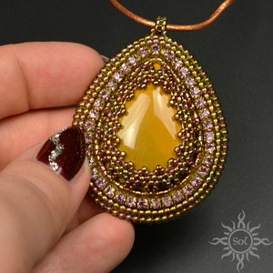 NIDHI embroidered amber mookaite teardrop pendant on leather strap romantic, unique, summer pendant, OOAK, filigree, autumn, handmade image 4