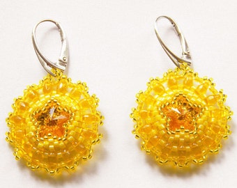 SOLEIL - yellow beaded earrings with toho seeds, superduo's and Swarovski crystals on sterling silver earwires; spring, summer