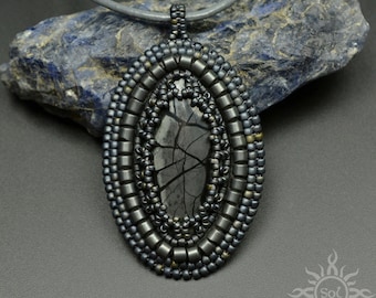 VESPERAM - embroidered gray gunmetal pendant with picasso jasper on leather strap; elegant jewelry; handmade; OOAK; gothic; dark; filigree