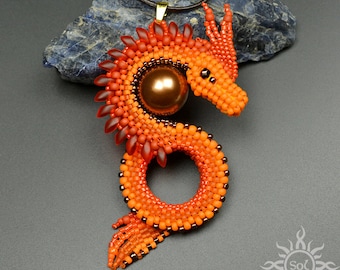 CAVRENOS III - orange red dark copper dragon pendant with toho and miyuki seeds and seashell pearl; unique, handmade, fantasy, fire