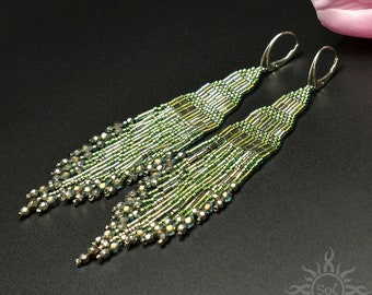 Surya - green old silver dangle beadwoven fringes earrings with toho seeds on sterling silver earwires; summer jewelry, boho, marine, ocean