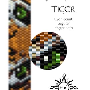 May include: A digital pattern for an even count peyote ring, featuring a tiger eye design. The pattern includes a close-up of the eye and a color chart. The text reads "Eye of the Tiger".