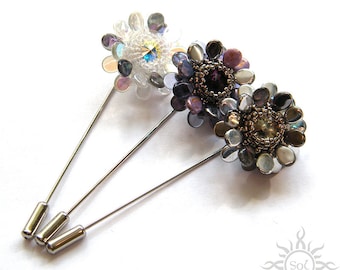 Beaded flower pin brooches with Swarovski crystals; unique handmade, original, handmade jewelry, handmade gift