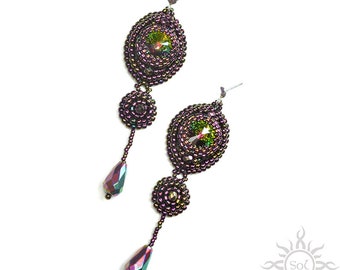 ELECTRA - purple rainbow beaded earrings with Swarovski crystals on sterling silver posts; unique handmade, original, handmade jewelry