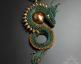 BALROTH II - emerald green gold dragon pendant with toho and miyuki seeds and south seashell pearl; unique gift, original, handmade, fantasy