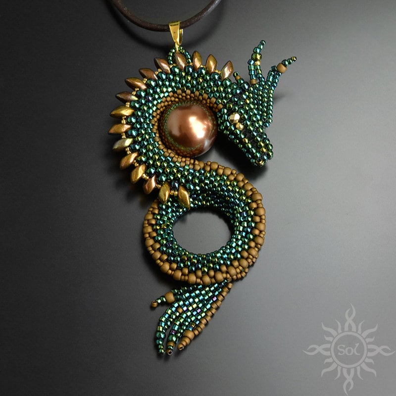 BALROTH II - emerald green gold dragon pendant with toho and miyuki seeds and south seashell pearl; unique gift, original, handmade, fantasy