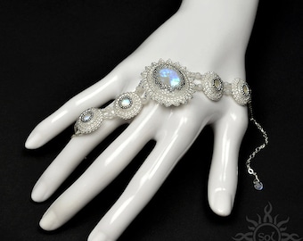 Fengári-white transparent embroidered wedding bracelet with moonstones and sterling silver; wedding jewelry, unique handmade