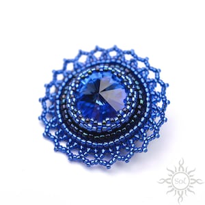 SAPPHIRE - blue flower bead embroidery brooch with Swarovski crystal; unique handmade, original, handmade jewelry, handmade gift