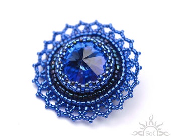 SAPPHIRE - blue flower bead embroidery brooch with Swarovski crystal; unique handmade, original, handmade jewelry, handmade gift