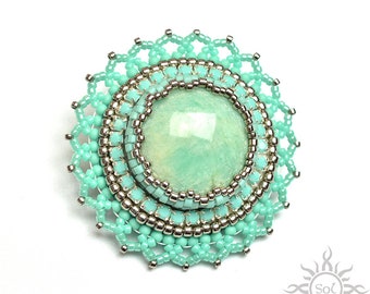 Fleur d'amazonite  - turquoise silver flower bead embroidery brooch with amazonite; unique handmade, handmade gift, boho, mandala, OOAK