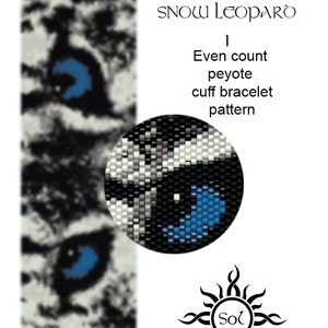 Eyes of the Snow Leopard I - even peyote cuff beaded bracelet pattern; tutorial, pdf file