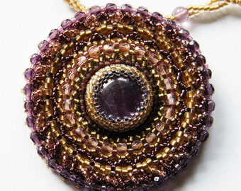 Rāni - purple gold embroidered pendant necklace with amethyst and fire polish crystals; unique handmade, original, handmade jewelry