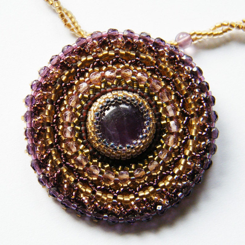 Rāni purple gold embroidered pendant necklace with amethyst and fire polish crystals unique handmade, original, handmade jewelry image 1
