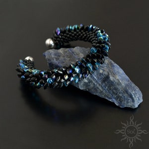 DERVEN black blue dragon scales cuff bracelet with toho and miyuki seeds unique gift, original, handmade jewelry, fantasy image 2