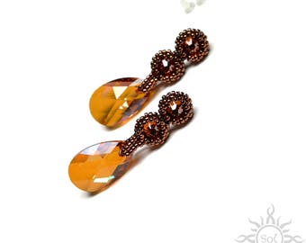 COPPER - dangle beaded earrings with toho seeds and Swarovski crystals on sterling silver posts; unique handmade, handcrafted