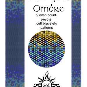 May include: Blue Gold Ombre peyote cuff bracelet pattern. The pattern features a gradient of blue, teal, and gold colours. The pattern is shown in a circle and as two vertical strips.