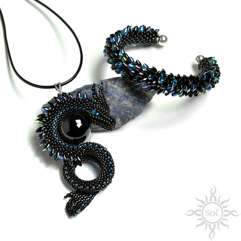 DERVEN black blue dragon scales cuff bracelet with toho and miyuki seeds unique gift, original, handmade jewelry, fantasy image 4