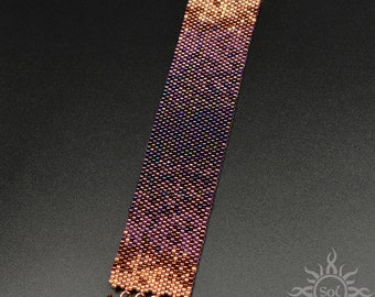 LILA OMBRE – violettes Kupfer-Peyote-Manschettenarmband aus Perlen; originell, schattiert, Farbverlauf, Herbstfarben, Herbst
