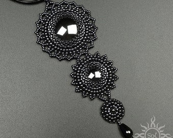 Vorös - graphite hematite long pendant with hematite gemstones and toho seeds; dark; filigree; gothic, halloween, mandala